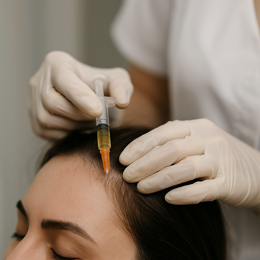 Aplicación de terapia PRP en el cuero cabelludo en una clínica estética